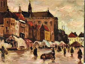 Jan Rijlaarsdam - Stadsgezicht met dagmarkt verkocht voor € 350!