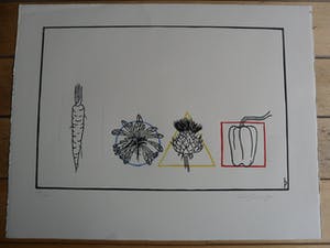 Pieter Becks - Kleurenhoutsnede. Titel: fruit en groente. kopen? Bied vanaf 35!