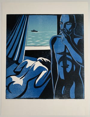 Leon Janssen - Houtsnede in zwart en blauw | 'Nachtwind' | 1987 kopen? Bied vanaf 120!