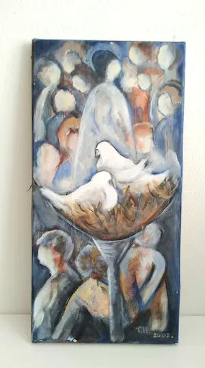 Niet of onleesbaar gesigneerd - Vogels en mensen, schilderij kopen? Bied vanaf 1!