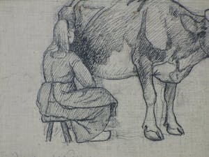 Alphonse Stengelin - Koemelkende boerin - Tekening kopen? Bied vanaf 50!