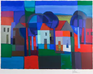 Ton Schulten - Zeefdruk op papier, Dorpskern - Ingelijst (Groot) kopen? Bied vanaf 350!