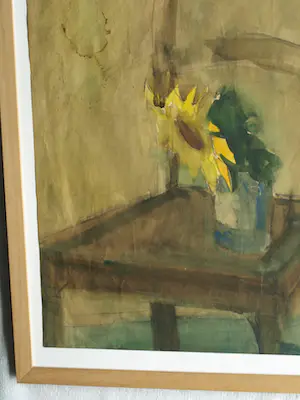 Bob ten Hoope - Ingelijste aquarel , Zonnebloem op Stoel – Lijst, 58 x 48 cm. kopen? Bied vanaf 1!