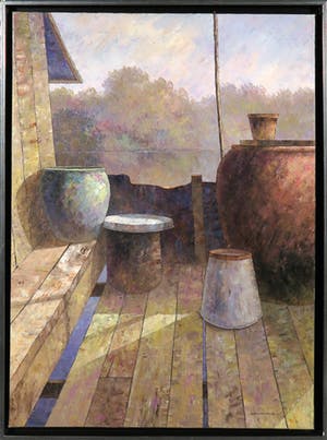 Niet of onleesbaar gesigneerd - Acryl op doek, Stilleven zicht op water - Ingelijst kopen? Bied vanaf 1!