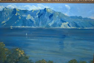 Niet of onleesbaar gesigneerd - olieverf 1e helft 20eE, mogelijk Frans - uitzicht op water en bergen kopen? Bied vanaf 10!