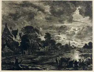 Willem Steelink (jr.) - Ets, Landschap bij maanlicht naar schilderij van Aert van der Neer verkocht voor € 35!