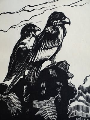 Jan Staats Kiewiet - onder pseudoniem Ed Jeska - Houtsnede , Jonge Arenden – gesigneerd -ca 1940 kopen? Bied vanaf 1!