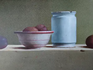 Leo Pors - Stilleven met Reine Victoria pruimen, schaaltje en zalfpotje kopen? Bied vanaf 1695!