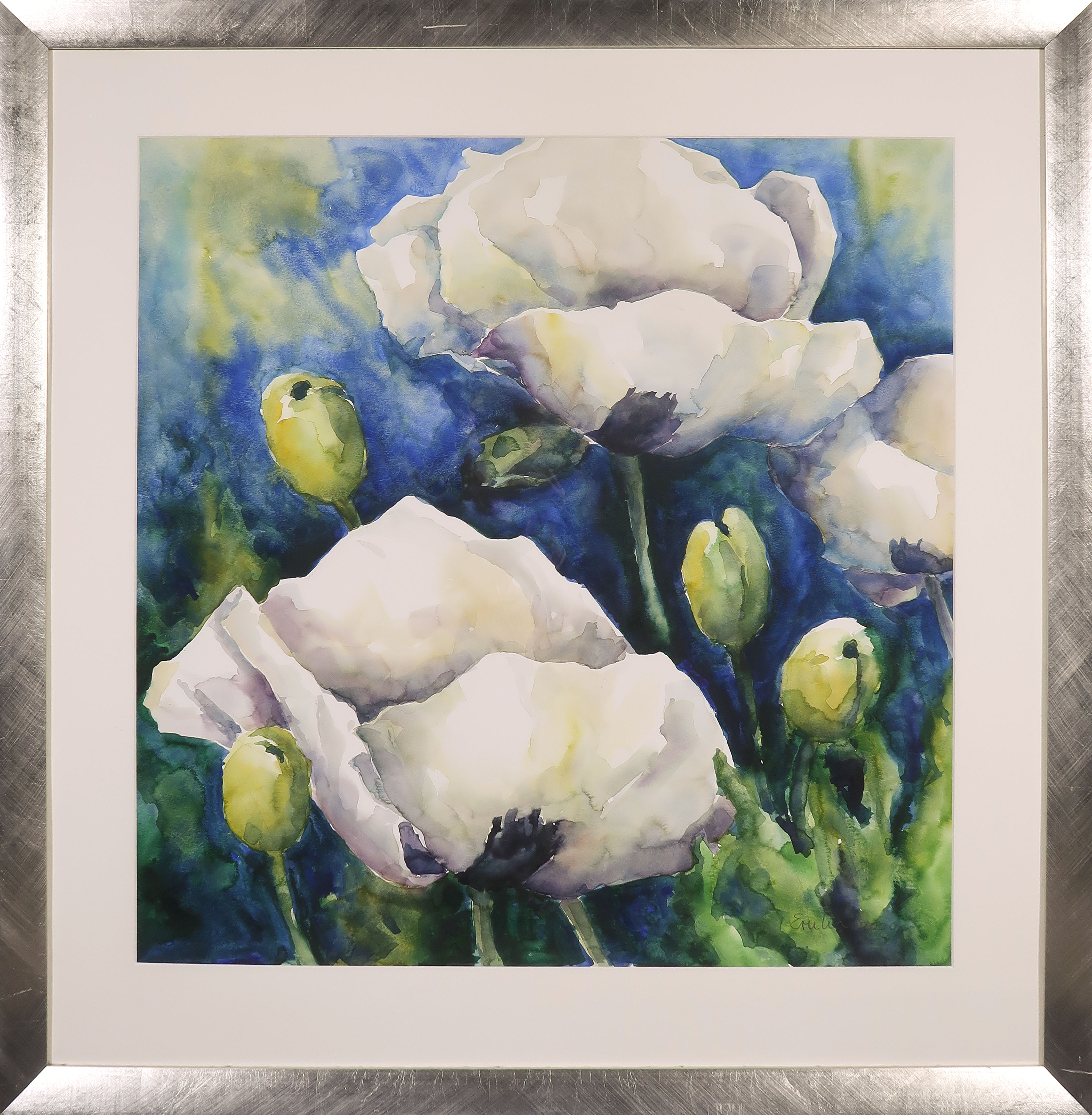 Emilia Hauser - Aquarel, Witte papaver - Ingelijst verkocht voor € 50!