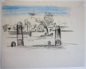 Andre van der Vossen - krijttekening van een landschap met vaart kopen? Bied vanaf 100!
