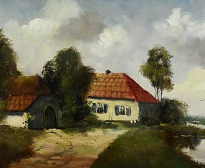 Niet of onleesbaar gesigneerd - "Zicht op dorp aan vaart met boerderijen, kerk en zeilschip" - olieverf opdoek kopen? Bied vanaf 10!