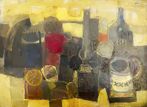 Daniel Merino - Stilleven met potten, flessen en vruchten -Parijs 1965- verkocht voor € 115!