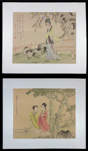AcheterNiet of onleesbaar gesigneerd - Lot van 2 Japanse aquarellen op zijde, Dames in tuinen? Enchérissez de 1!