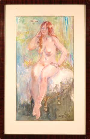 Harry Maas - Aquarel, Zittend naakt - Ingelijst verkocht voor € 200!