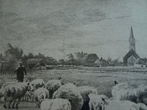 Maarten Langbroek - Ingelijste ets, Voorjaar op Texel – ca. 1970 kopen? Bied vanaf 35!