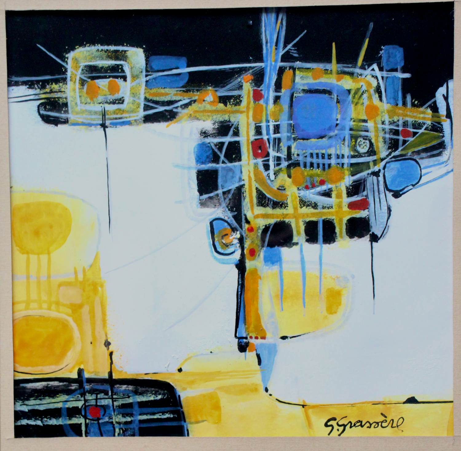 Gérard Grassère - Ingelijste gemengde techniek: Abstracte compositie verkocht voor € 100!