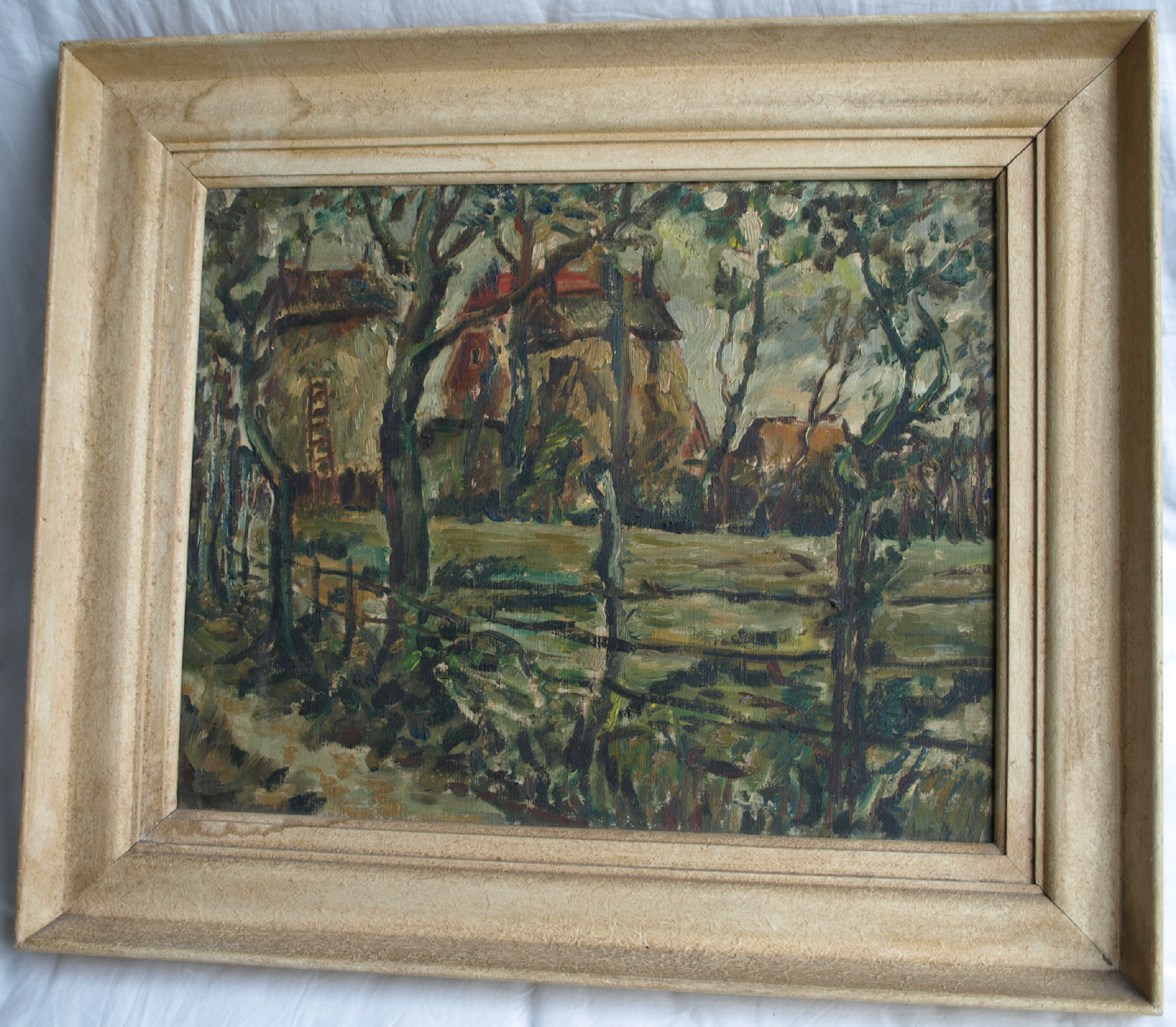 Niet of onleesbaar gesigneerd - Olieverf op doek , Boerderij – ingelijst  kopen? Bied vanaf 1!