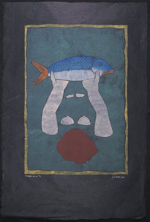 Geertje Briels - Houtdruk op geschept papier, Overdrijven met vis kopen? Bied vanaf 1!