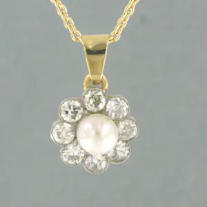 18k geelgouden collier met goud met platina hanger met parel en diamant kaufen? Bieten Sie von 900!