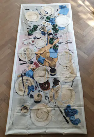 Daniel Spoerri - Gastronomischer Tagebuch - Zeefdruk op textiel - Genummerd en gesigneerd kopen? Bied vanaf 650!