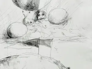 Joost Roelofsz - 4 originele ontwerpschetsen voor (boek)illustratie + uitnodiging opening kopen? Bied vanaf 125!