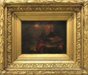 Niet of onleesbaar gesigneerd - Olieverf op doek, Oude man in studeervertrek - Ingelijst verkocht voor € 1!