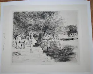 Max Liebermann - Badende Jungen - grote ets - in een superieure gipsen lijst kopen? Bied vanaf 180!