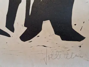 Jelle Otter - Groninger kunstenaar en graficus - linosnede "man met ezels" - eigen druk - 1964 kaufen? Bieten Sie von 38!