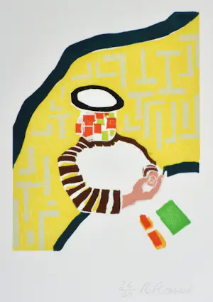 Roger Raveel - Thuis, gesigneerde houtsnede, ingelijst kopen? Bied vanaf 1350!