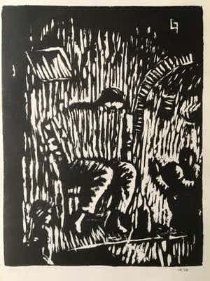 Louis Favre - Houtsnede- Muzikant verkocht voor € 50!