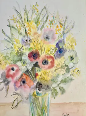 Marie Louise Ogier - Anemonen und Mimosen – großes, hochwertiges Ölgemälde kopen? Bied vanaf 150!