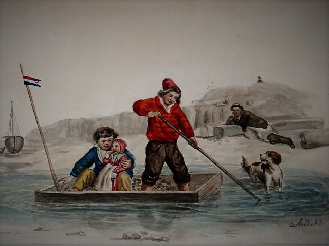 Niet of onleesbaar gesigneerd - Leuk 19e Eeuws Aquarel "Kinderen op vlot bij Hollandse kust" monogram kopen? Bied vanaf 1!