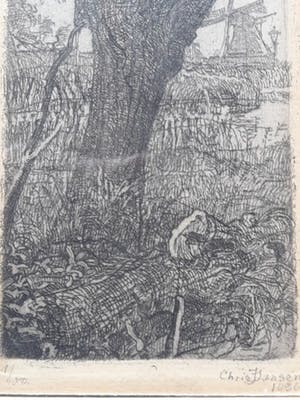 Chris Jansen - Landschap met boom en molen. kopen? Bied vanaf 29!