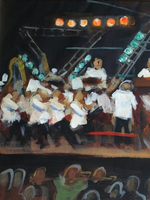 Niet of onleesbaar gesigneerd - Groot , ingelijst acrylverf op doek , Het concert – 1998 - 81 x 111 cm kopen? Bied vanaf 1!