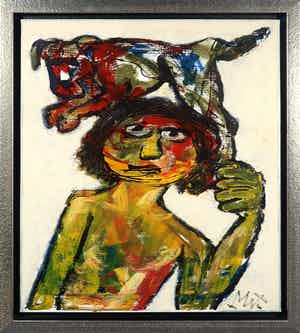 Martin van Wordragen - Olieverf op doek, Jongen met pup - Ingelijst verkocht voor € 300!