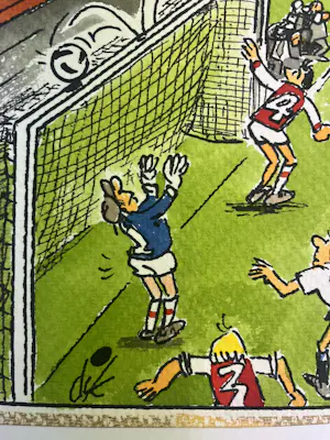 Dik Bruynesteyn - originele tekening 'Spanning en sensatie, de bal op de lat' kopen? Bied vanaf 85!