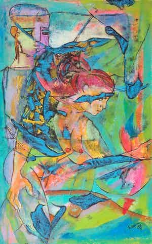 Franca Muller Jabusch - Gemengde techniek op papier o.a. acryl en krijt, Man achter vrouw verkocht voor € 1!