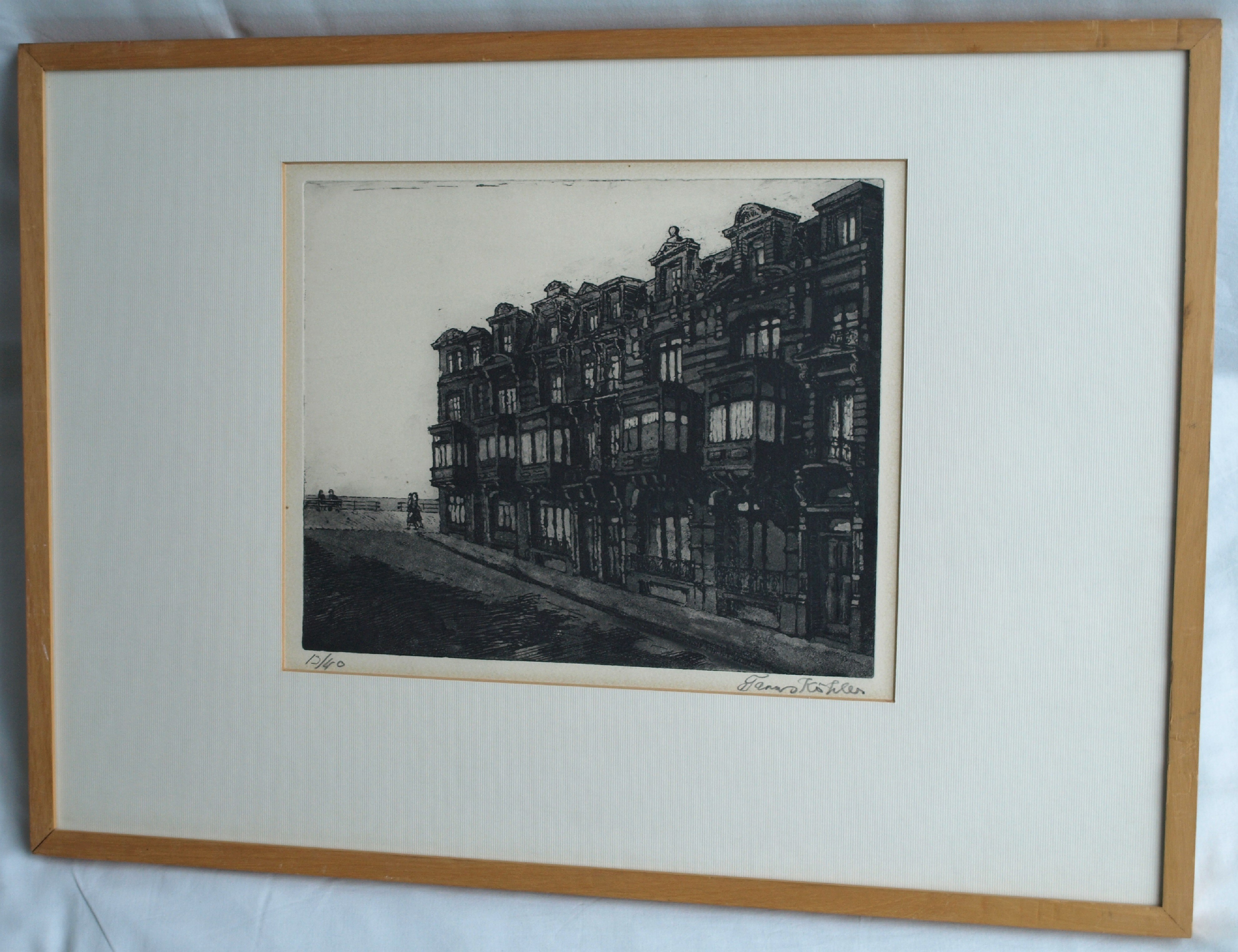 Frans Kohler - Ets , Straatje naar zee in Oostende – gesigneerd & ingelijst – ca 1970 kopen? Bied vanaf 25!