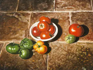 Rob Stoffer - Olieverf op paneel, Stilleven met tomaten - Ingelijst kopen? Bied vanaf 1!