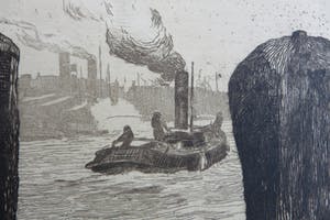 Jan Sirks - Havengezicht van Rotterdam met bedrijvigheid op het water. kopen? Bied vanaf 30!