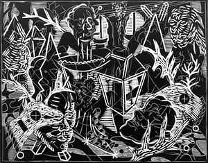 Thomas van der Linden - linosnede - 'Catacombe des inconnues' - 1985 verkocht voor € 75!