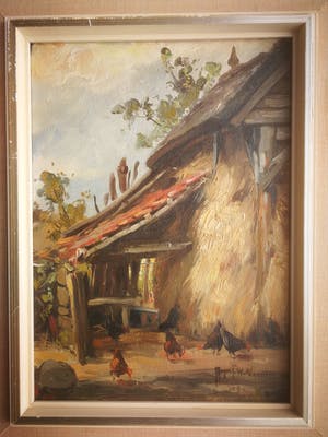 August Willem van Voorden - Boerenerf met kippen en hooiberg. kopen? Bied vanaf 225!