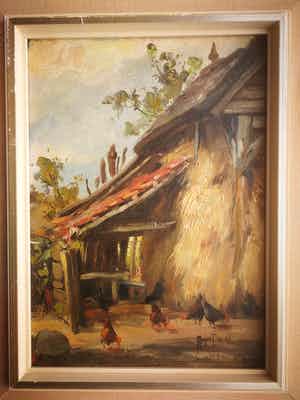 August Willem van Voorden - Boerenerf met kippen en hooiberg. verkocht voor € 225!