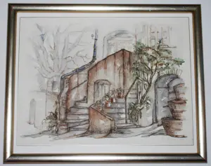 Bob Denneboom - Frankrijk: de twee stenen trappen - aquarel, fraai ingelijst kopen? Bied vanaf 50!