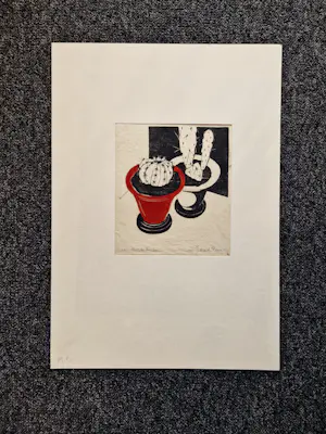 Jos van den Berg - Kubistische, omstreeks 1940 gemaakte handgekleurde houtsnede "cactus" kopen? Bied vanaf 38!