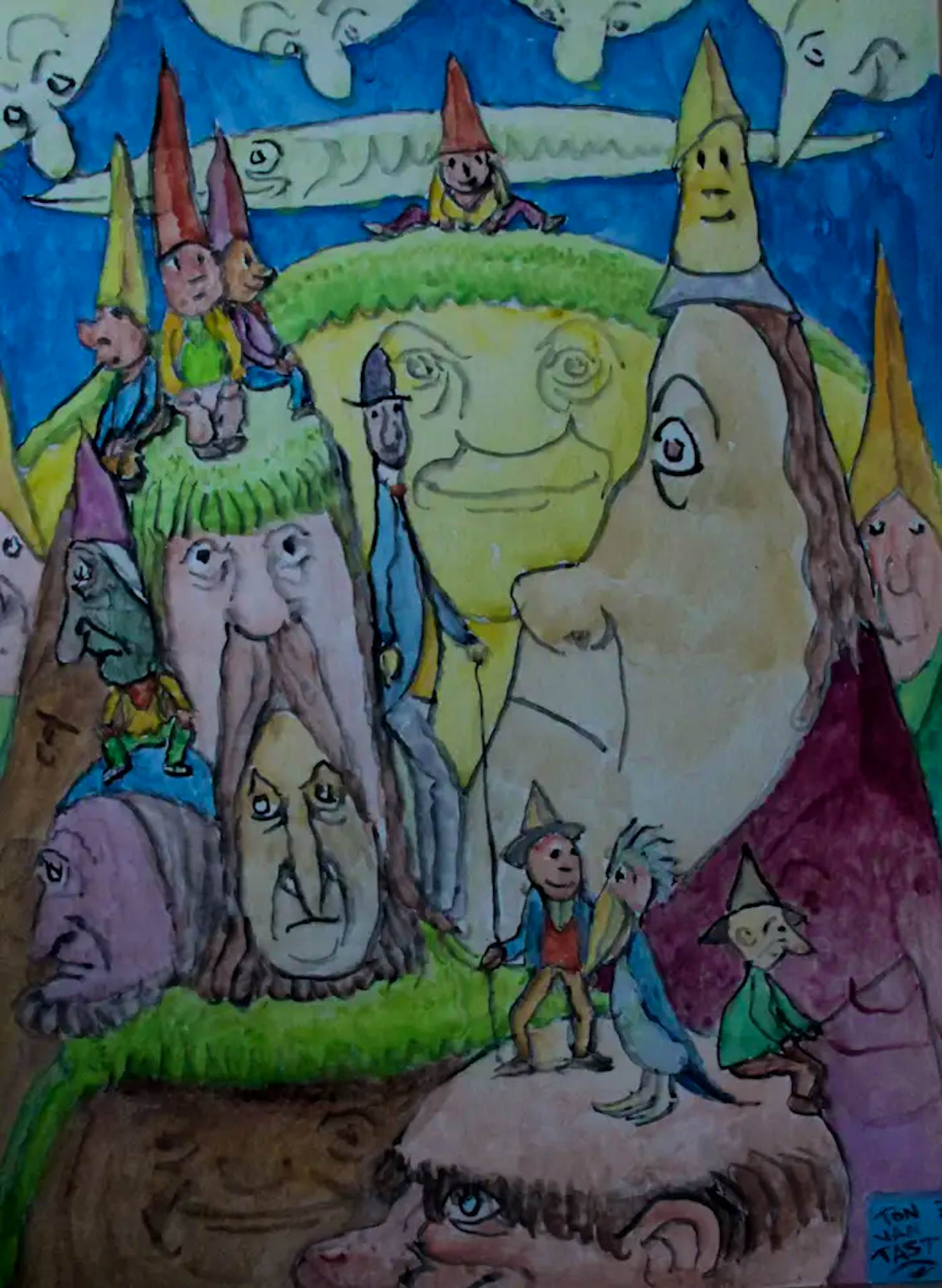 Buy Ton van Tast - Aquarel: Surrealistische compositie met reuzenpoppen en kabouters - 1971? Bid from 250!