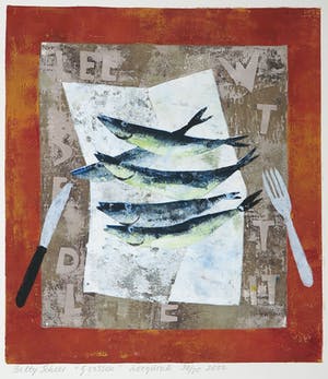 Betty Scheer - Linosnede, 5 Vissen kopen? Bied vanaf 35!