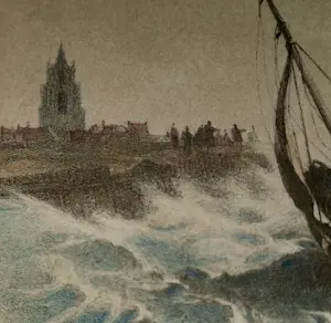 Andreas Schelfhout - zeegezicht vissersboot in de branding op Scheveningen kopen? Bied vanaf 60!