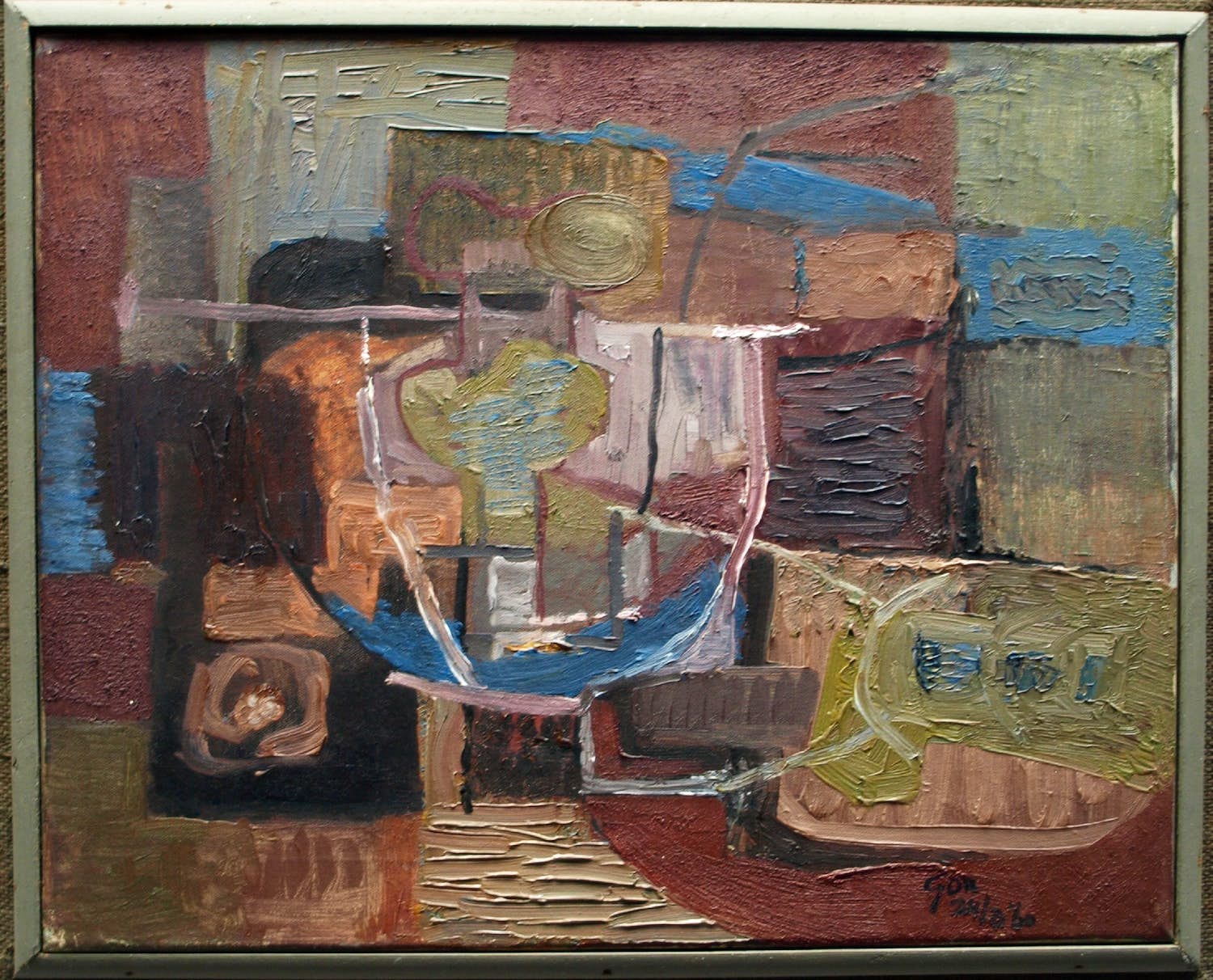 Kor Heemsbergen - Olieverf op doek, Abstracte voorstelling - 1960 - Ingelijst verkocht voor € 150!