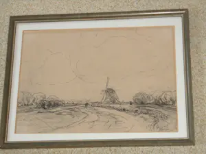 Jan Hillebrand Wijsmuller - Potloodtekening - Schaatser in landschap met molen kopen? Bied vanaf 75!